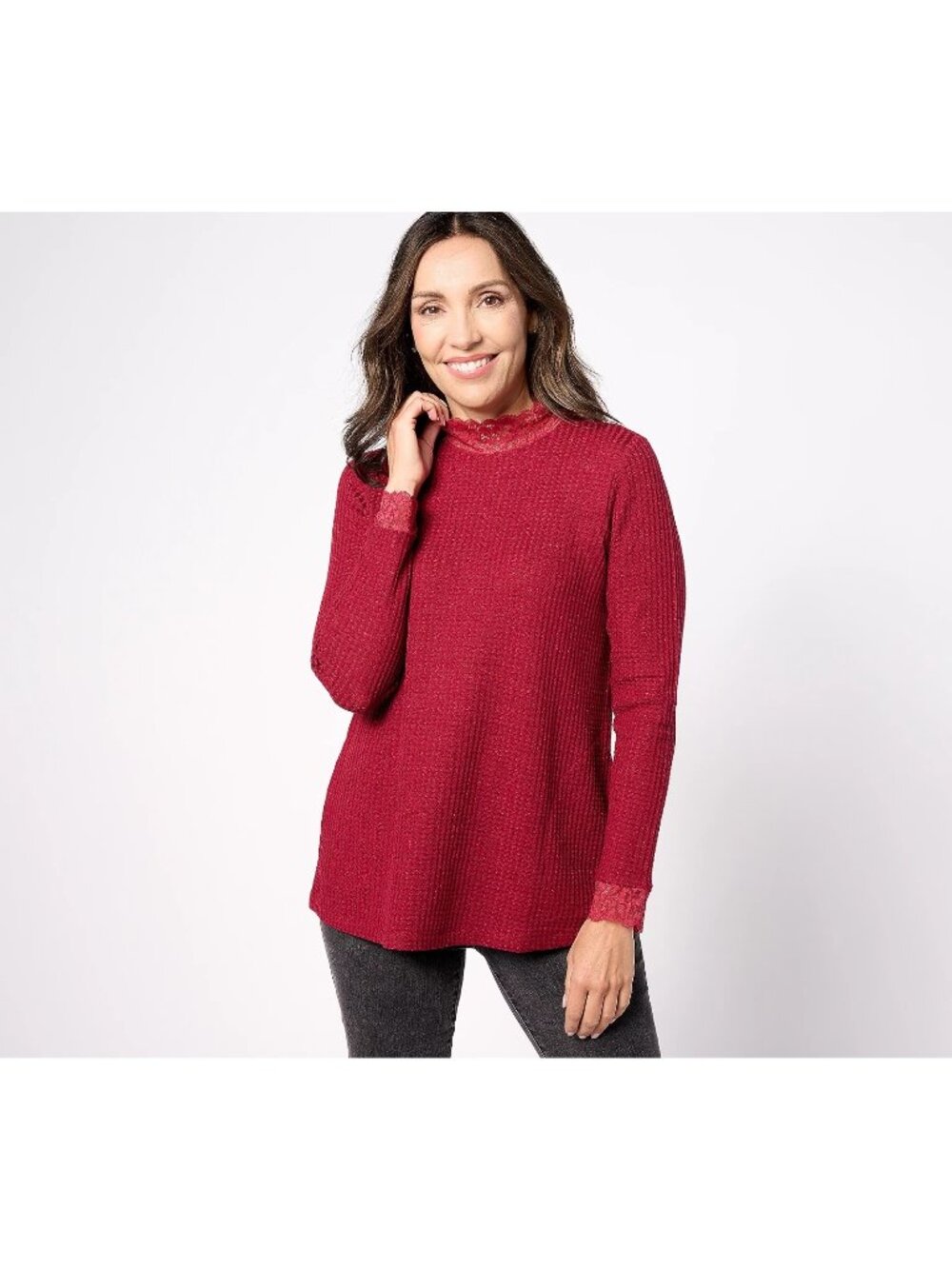 LOGO by Lori Goldstein Top Size 5X Metallic Waffle Knit Mock Neck Lace Rumba Red